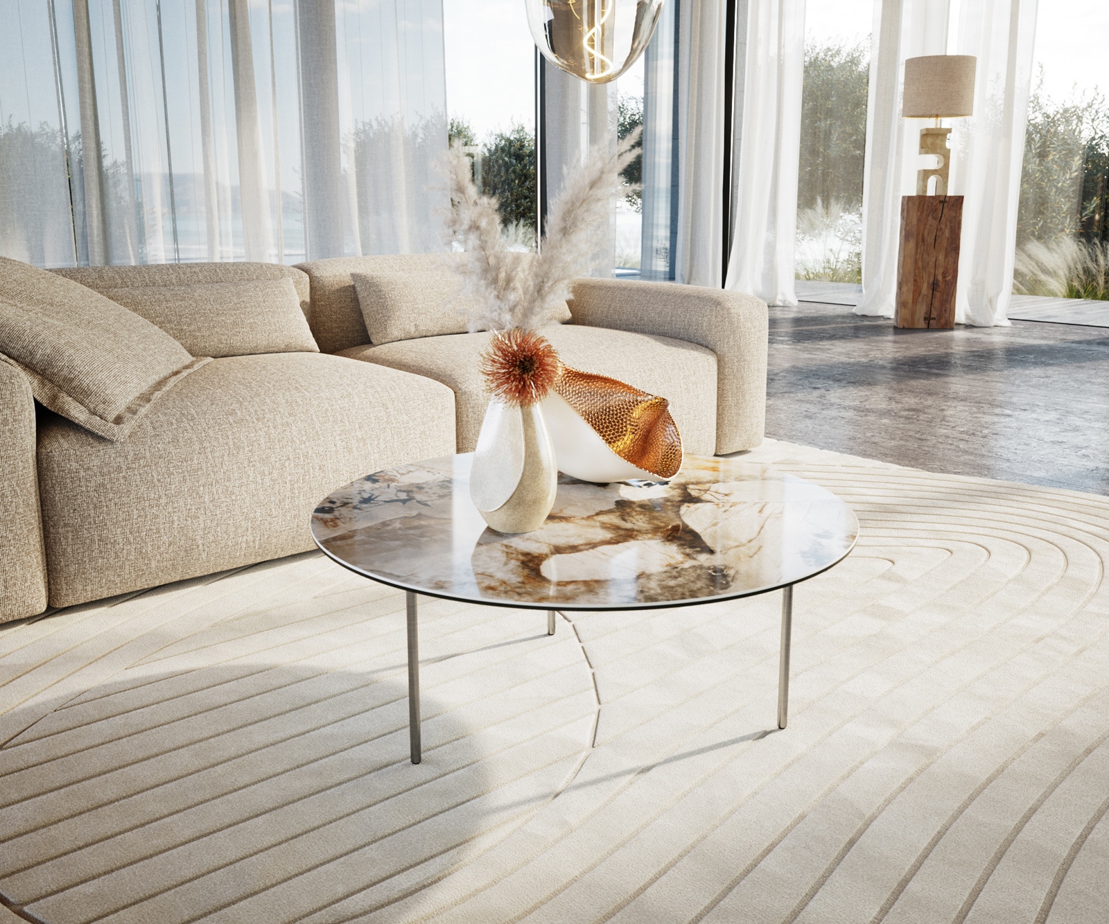 DELIFE Couchtisch Edge Rund 90x90 cm Keramik Patagonia Poliert Trive Edelstahl gebürstet, Couchtische
