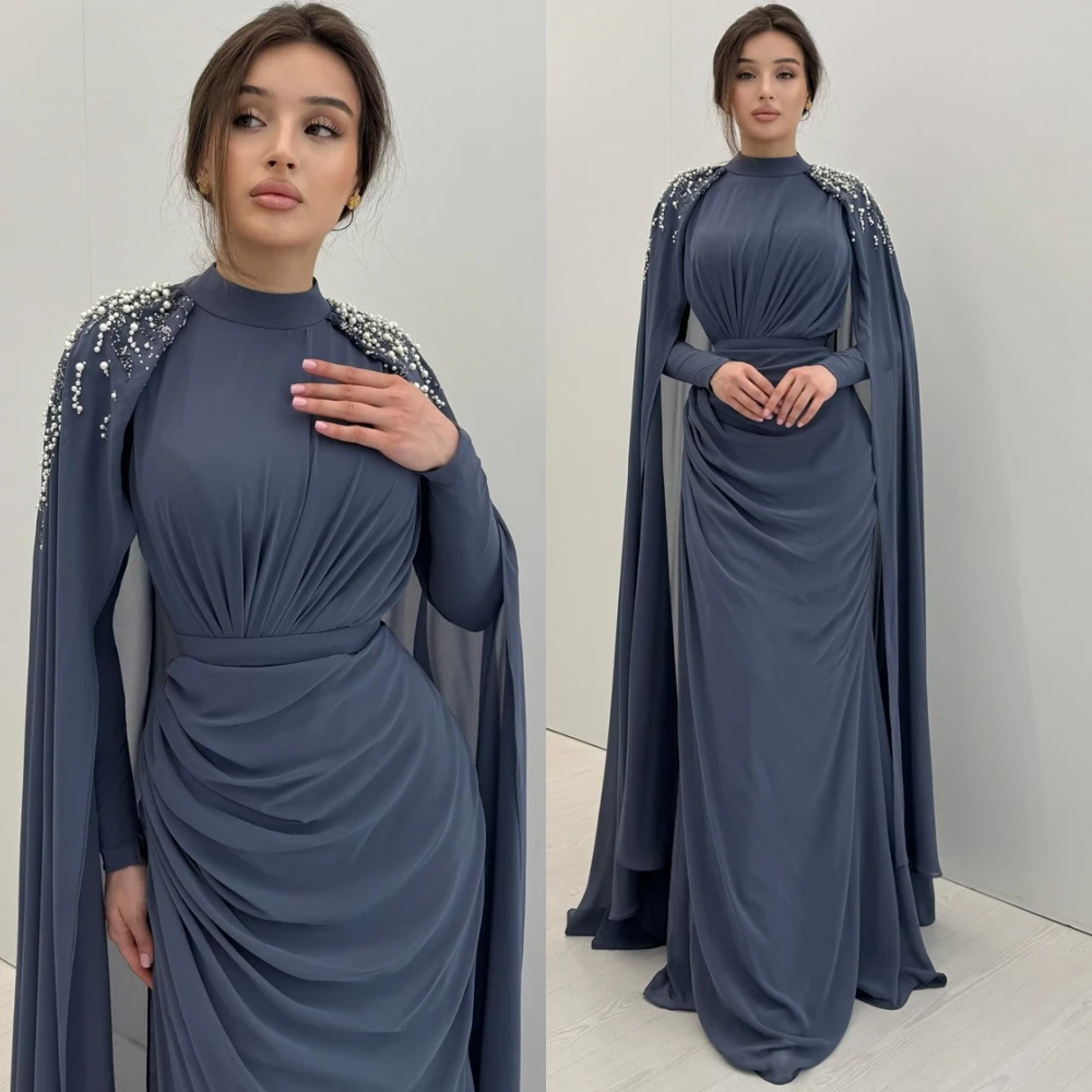 Customized Formal Chiffon Evening Dress Delicate Long Sleeves Prom Dresses Formal Shawl Sweep Train Special Occasion Gowns
