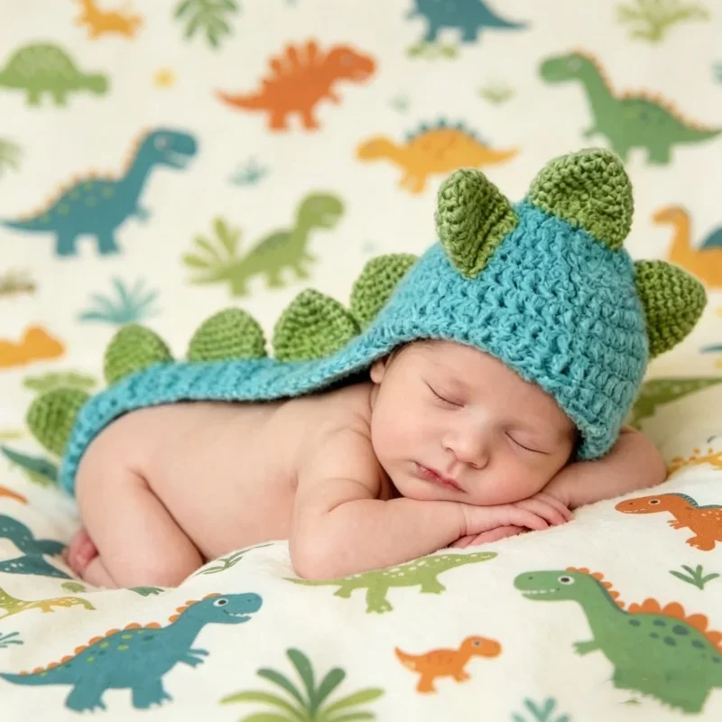Gestrickte Dinosaurier-förmige Baby-Fotografie-Requisiten, blaue Wollgarnmütze, Kleidung, Studio-Outfit, Zubehör für Neugeborenen-Fotoshootings Image