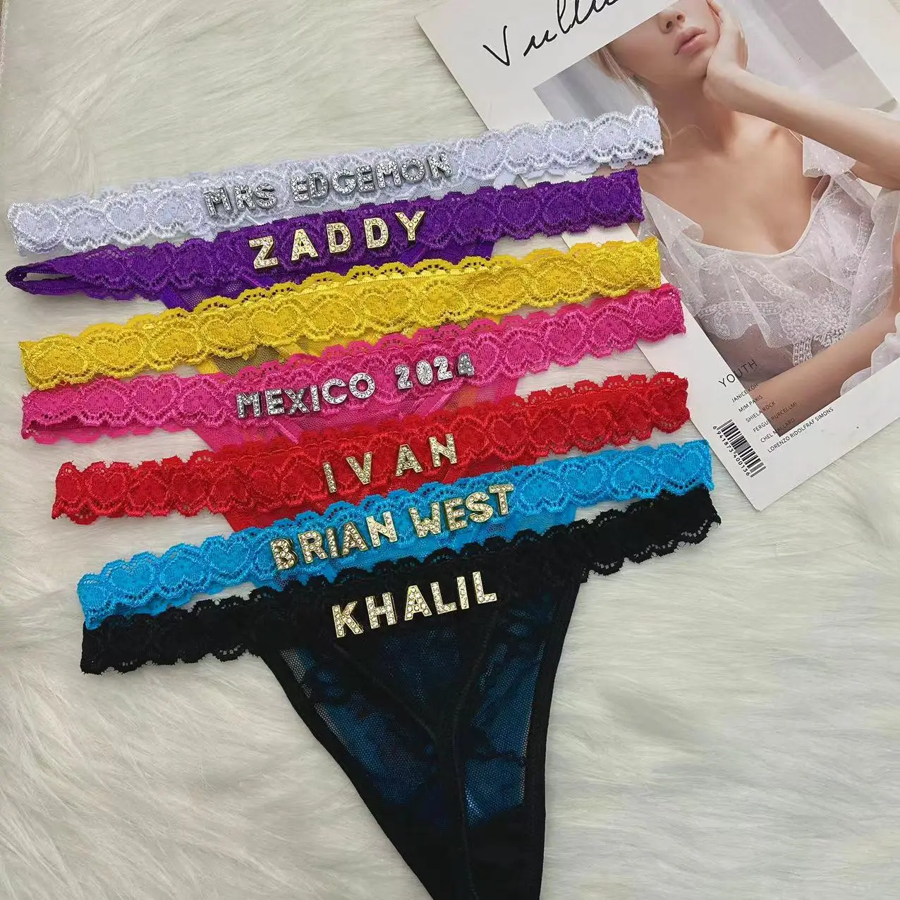 Benutzerdefinierte Tanga Höschen mit Namen DIY Strass Buchstaben Tangas Sexy individuelle Unterwäsche G-String personalisierte Bikini Schmuck Geschenk Image