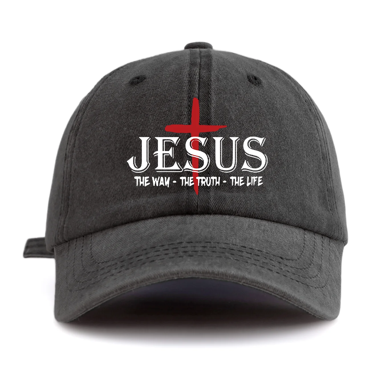 1-teilige gewaschene Baseballkappe mit JESUS-KREUZ-Print, klassisch, lässig, stilvoll, perfektes Geschenk für Familien und Freunde Image