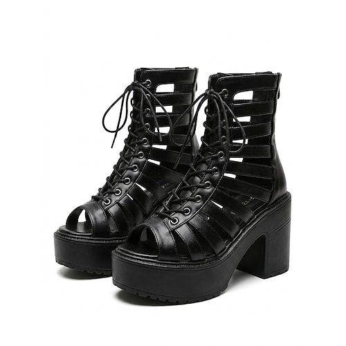 Schwarze Cyberpunk-Plateausandalen für Damen – klobige Gladiator-Sandalen mit hohem Absatz und Schnürung für Open-Air-Musikfestivals Rave Image
