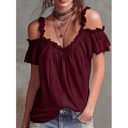 Damen Hemd Bluse Rüschenbluse Einfarbig Elegant Mode Ärmellos Rüschenkragen Lange Oberteile Lässig Weiß Weinrot Schwarz Gelb Rosa Sommer Frühling Image