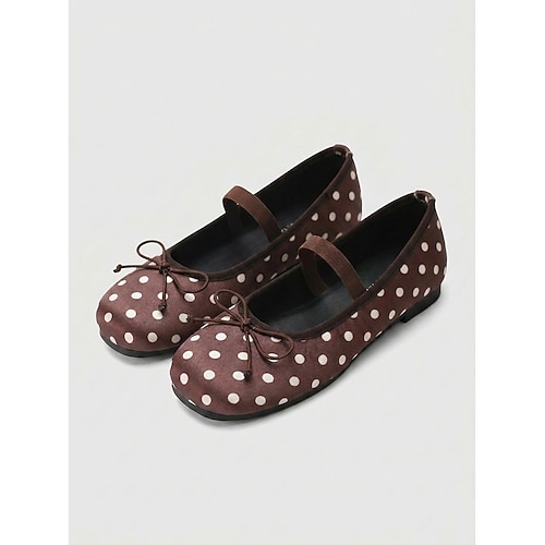 Weiße Mary-Jane-Ballerinas mit Polka-Dots für Damen – schwarz-weiße Schuhe mit runder Zehenpartie und elastischem Riemen Verbeugung für den alltäglichen Spaziergang Image