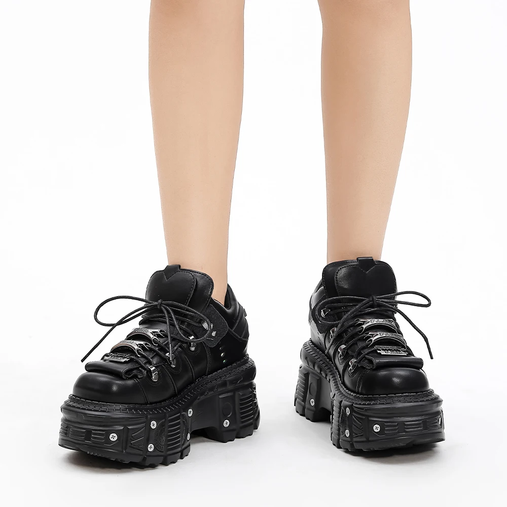 Neue Punk-Style Damenschuhe mit Schnürung, 6CM Absatzhöhe, Plateau-Schuhe, Gothic-Knöchelstiefel mit Metalldekor, Damen-Sneakers