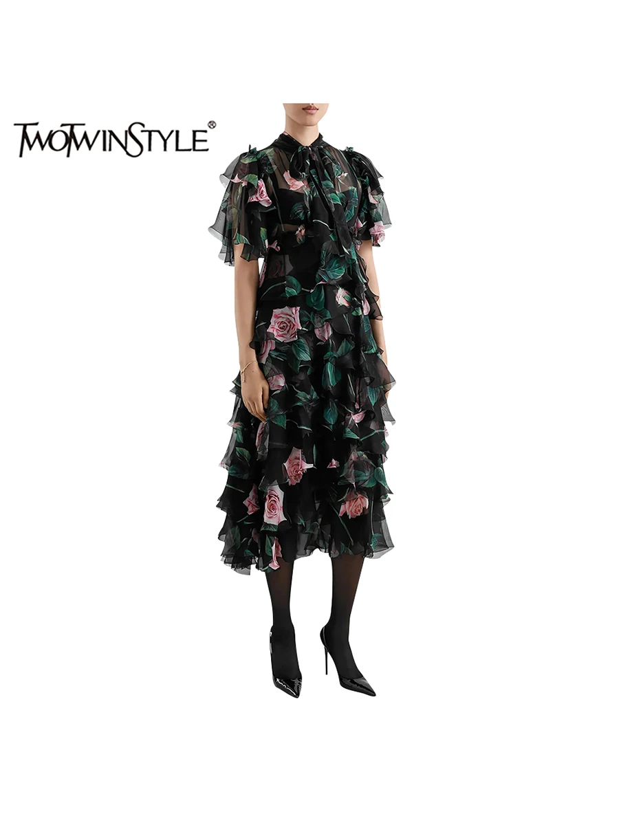 TWOTWINSTYLE Hit Color Sheer Printing Elegant Dresses for Women Round Neck Short Sleeves Patchwork Ruffles Folds Dress Female