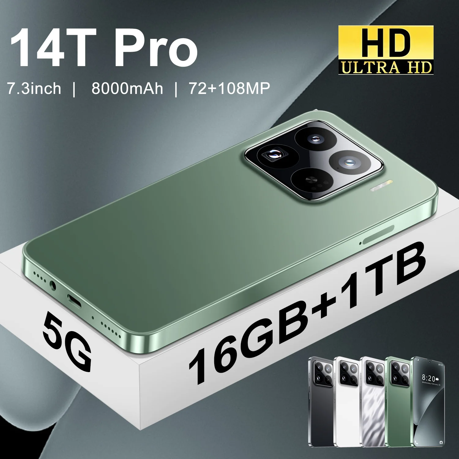 Tout nouveau Smartphone 14T Pro 5G 7.3HD double carte SIM 22G + 2 to téléphone portable 8000 mAh Android Version mondiale téléphones mobiles téléphones portables