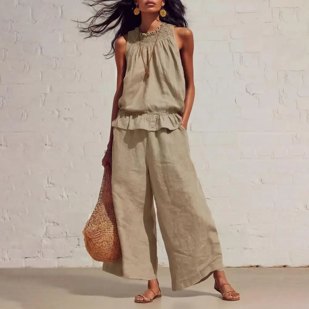 Vielseitiger Damenanzug für alle Altersgruppen, 2-teiliges Sommer-Outfit-Set für Damen, westlicher Stil, Vintage-Bohemian-Anzug aus Baumwolle und Leinen, modisch locker geschnitten Image