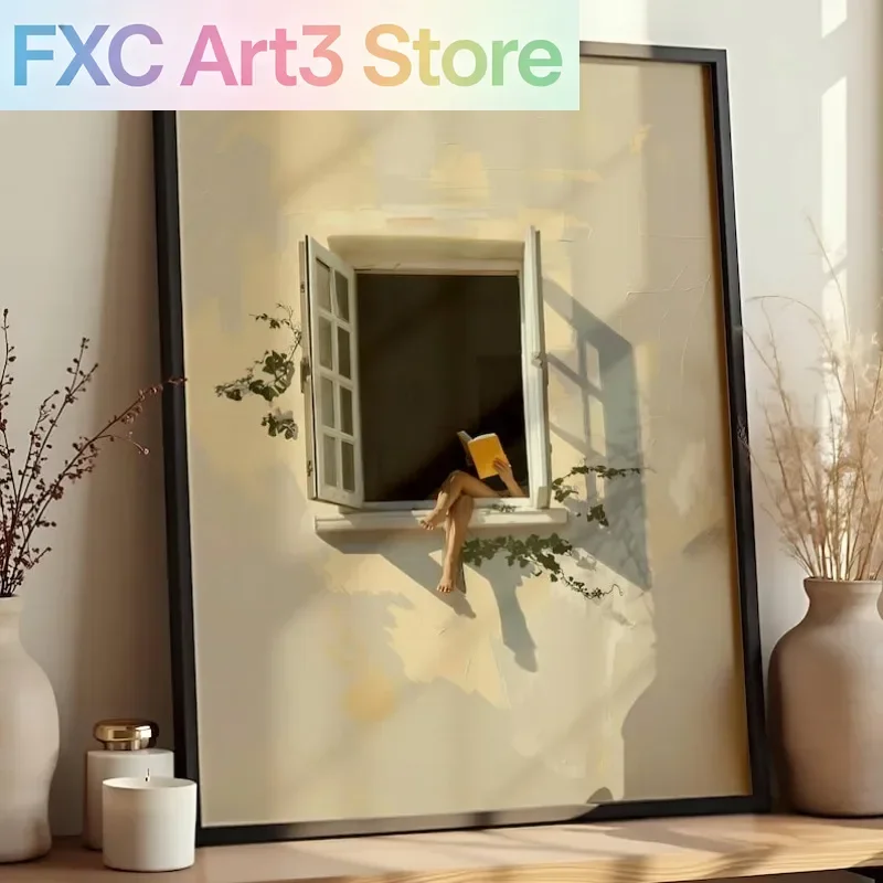 Rahmenloses, 1-teiliges modernes Leinwandposter mit dem Motiv „Lesen im Fenster“, minimalistisches Wandkunstposter für Wohnzimmer- und Schlafzimmerdekorationen Image