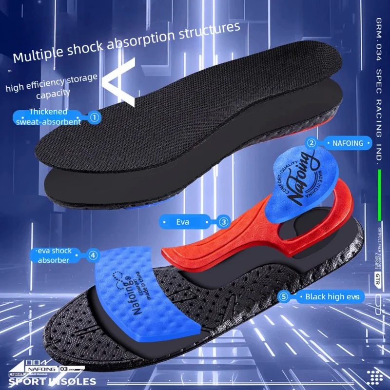 Neue Sport-Einlegesohlen für Schuhe, schwarzer EVA-Memory-Schaum, hohe Elastizität, dreifach stoßdämpfende Sohlenauflage, superweiche Sneaker-Sohlen. Image