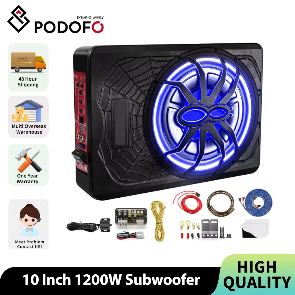 Podofo 10 Zoll schlanker, unter dem Sitz montierbarer Auto-Subwoofer mit eingebautem Verstärker, blauer LED-Bass-Boost-Steuerung und Phasenregelung für SUVs und PKWs Image