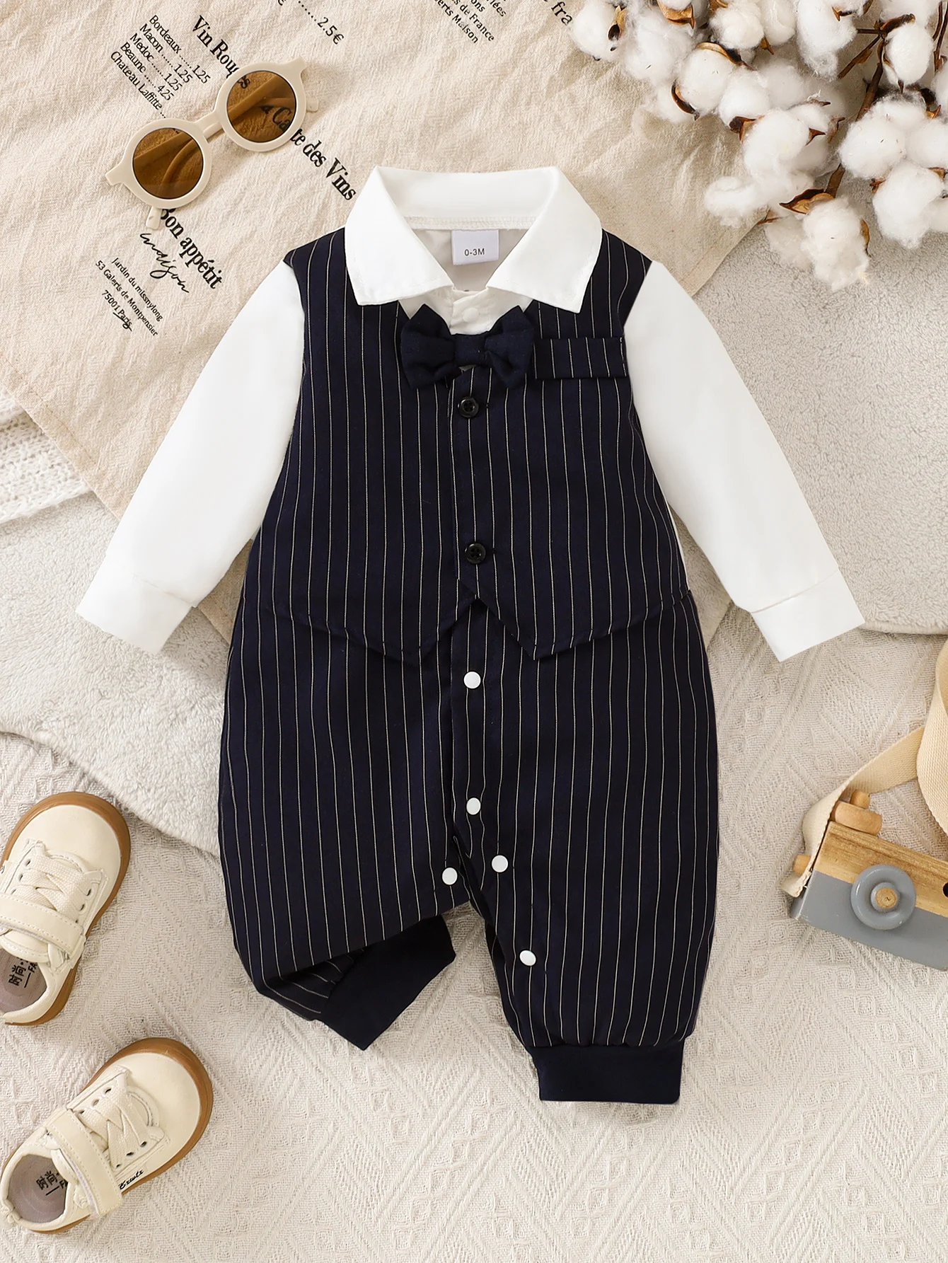 Jungen-Overall mit Stehkragen, schlicht, Gentleman-Stil, weiß, schwarz, gestreift, Spleißen, Bündchen, Hosen, tägliche Wärmekleidung Image