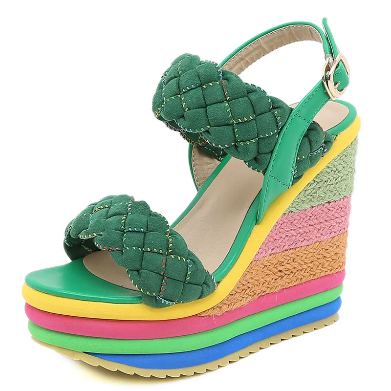Plattform Frauen Schuhe Sommer Gladiator Sandalen Hanf Regenbogen Keil High Heel Schuhe Frauen benutzer definierte Süßigkeiten Farbe weben Sandalen wsh4564