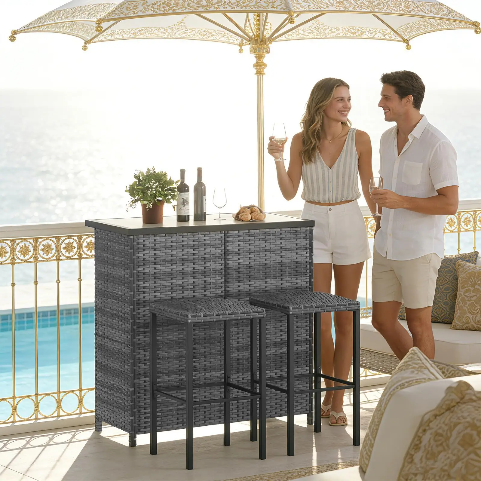 Ensemble de bar de jardin en polyrotin, table de bar 3 pièces avec 2 tabourets de bar, groupe de sièges en rotin moderne pour balcon, terrasse et jardin, groupe de sièges de jardin au design peu