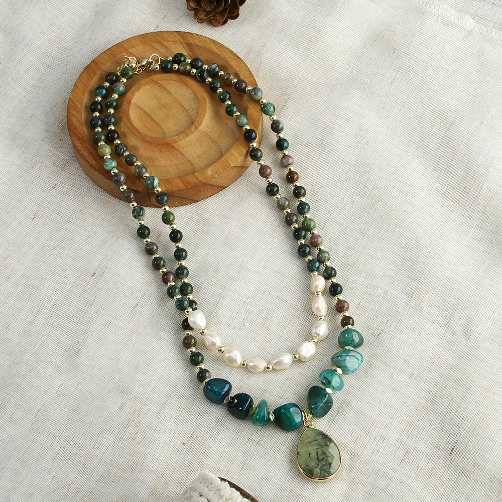 Böhmischer Damenschmuck, 2-lagig, 6 mm, Tigerauge-Stein, indischer Achat, Naturstein, Süßwasserperlen, Stein-Tropfen-Anhänger-Halskette Image