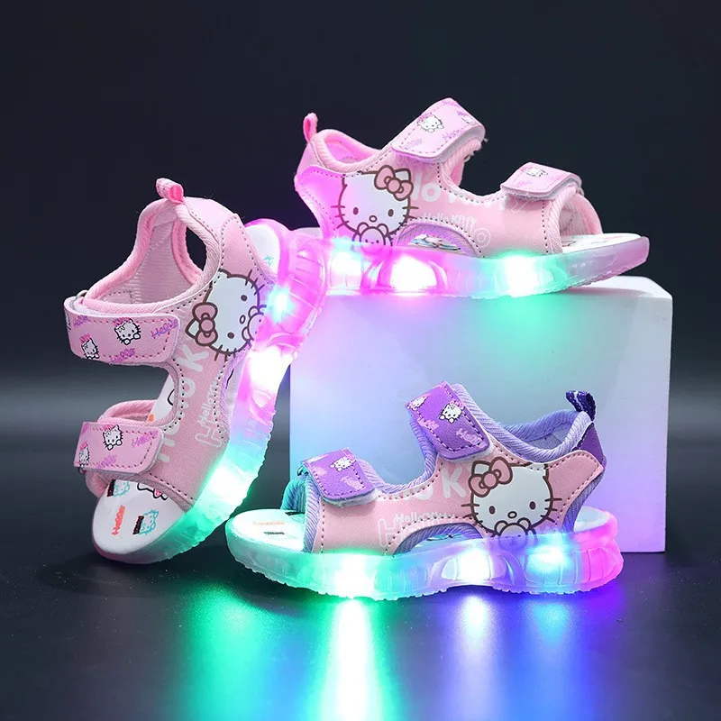 Anime Hello Kitty Sommer Mädchen LED-Licht-Sandalen Niedliche Kinder-Freizeitschuhe Rutschfeste Kinder-Strandschuhe Outdoor-Schuhe Geschenk Image