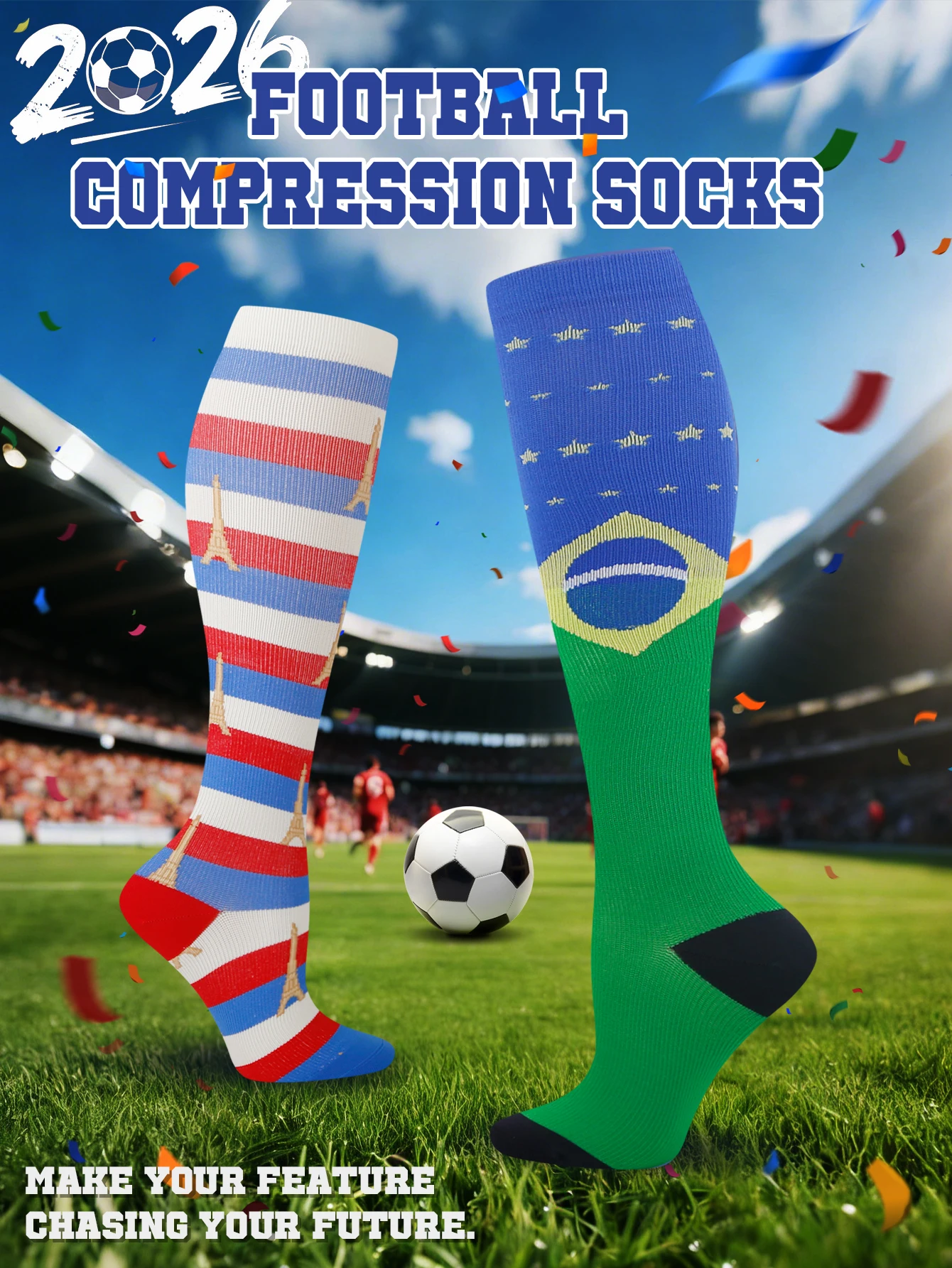 1 Paar Damen 2026 Neue Fußball-Kompressionssocken mit Lustigem Flaggen-Print Kniehohe Coole Dünne Sportsocken Image