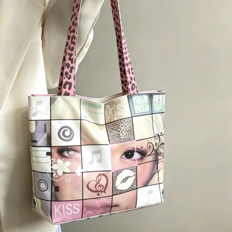 Y2k Patchwork-Print Schultertasche Retro Wasserdichte Rosa Leoparden-Tragetasche Gotische Große Kapazität Eimerförmige Offene Pendler-Tasche Image