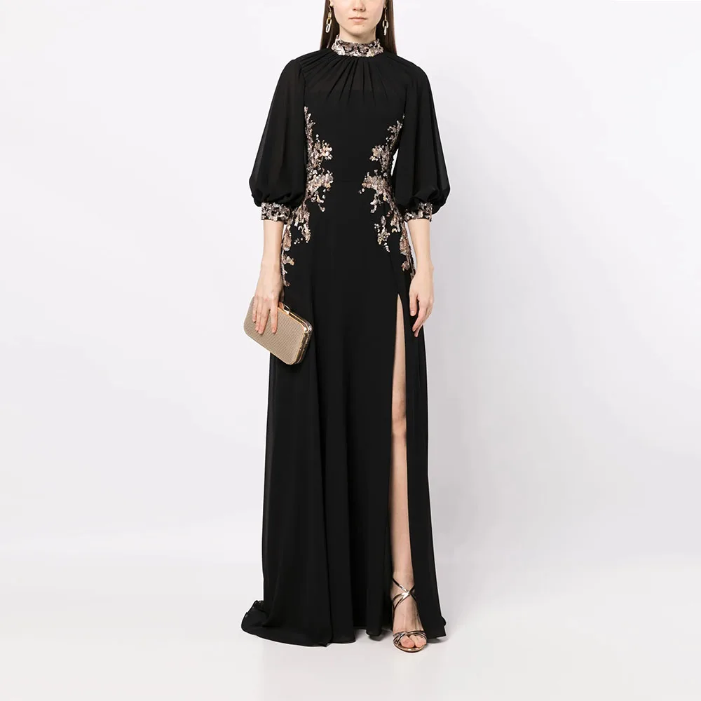 Modern Style Women's Evening Gown Black A-line Floor Lenght Formal Party Dress Appliques Slit Prom Dress 3/4 Sleeves Saudi Dress