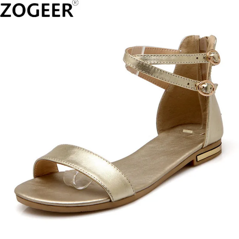 Sommer Frauen Sandalen Aus Echtem Leder Flache Flip-Flops Gold Gladiator Sandale Casual Ankle Straps Weiß Strand Schuh Mädchen Große Größe