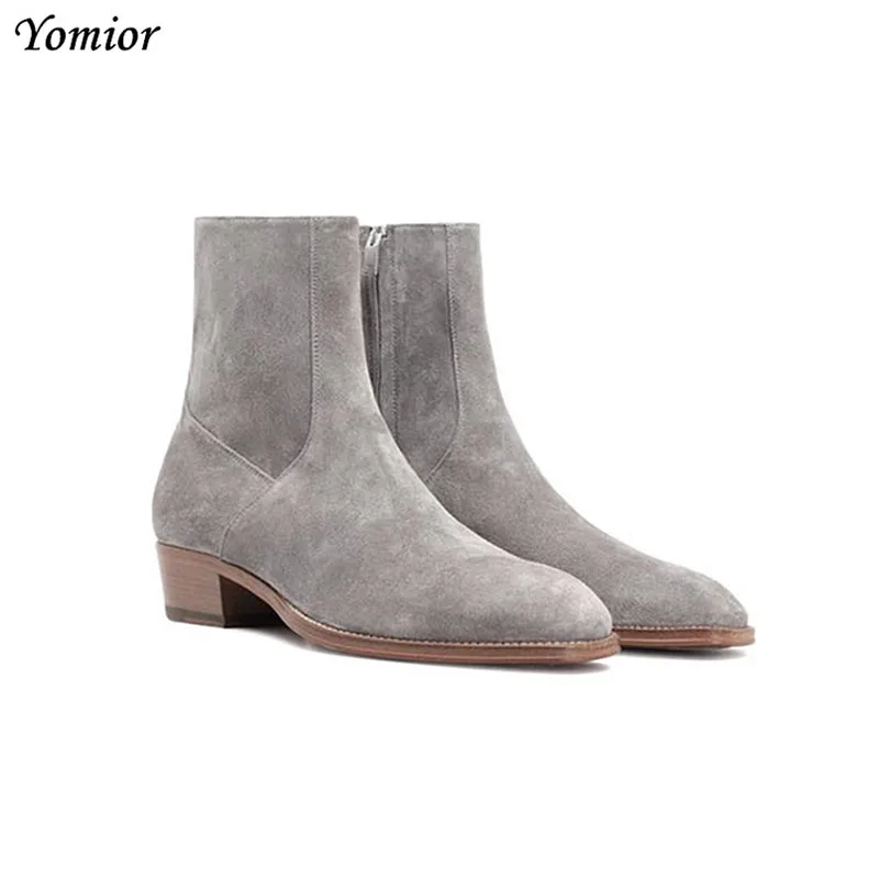 Yomior Italienische Mode Männer Schuhe Echt Kuh Leder Spitz Stiefeletten Vintage Zip Kork Formale Kleid Chelsea Stiefel Große größe