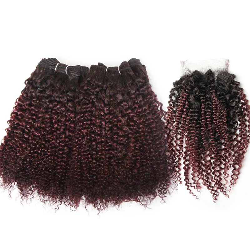 Indische Jerry Curl Echthaar-Bündel mit Verschluss, unverarbeitete Remy-Haarverlängerungen, 6 Stück lockige Bündel mit Verschluss Image