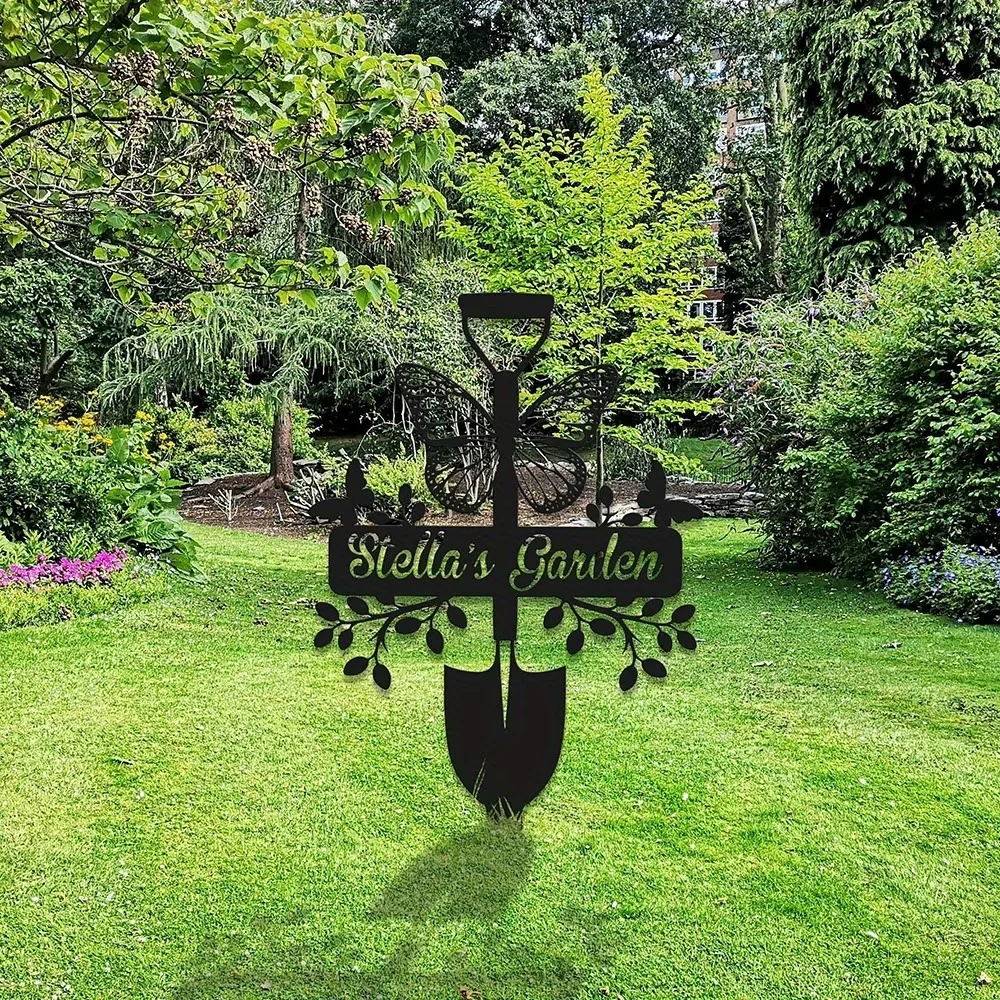 Panneau métallique personnalisé avec motif de jardin de papillons et piquet, panneau de jardin personnalisé, décoration de jardin personnalisée