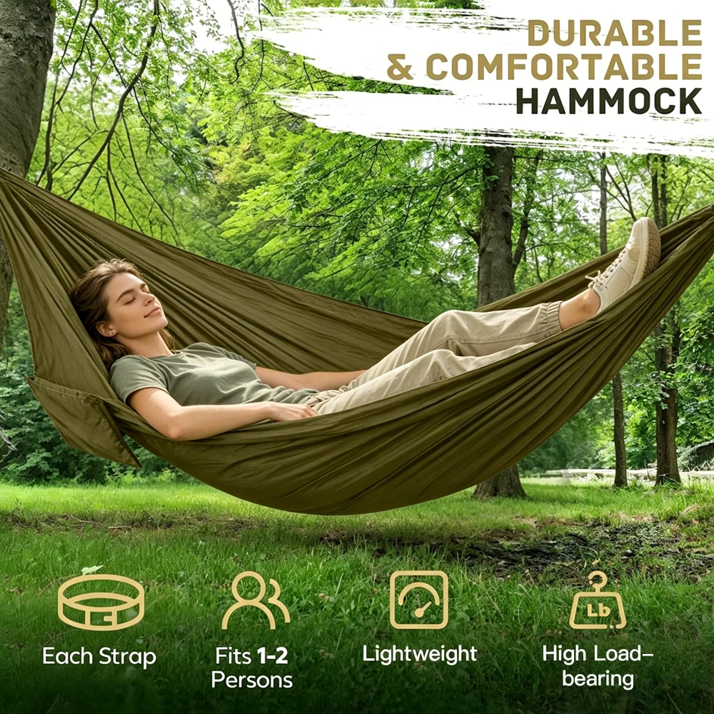Outdoor-Camping-Hängematte, tragbare Hängematte mit Baumgurten, leichte Nylon-Fallschirm-Hängematte für Reisen, Wandern, Strand, 270 x 140 cm Image