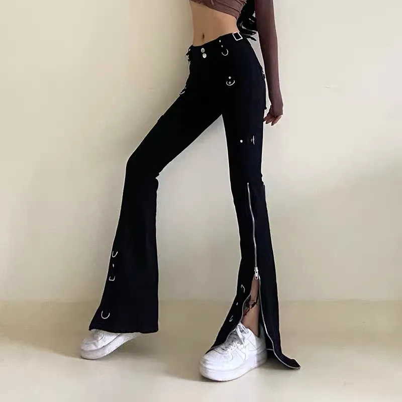 2023 dunkle Streetwear Knöchel Reiß verschluss schwarz schlanke y2k Flare Jeans Hose für Frauen Goth Kleidung Kleid Dame Hip Hop Hose Ropa Mujer