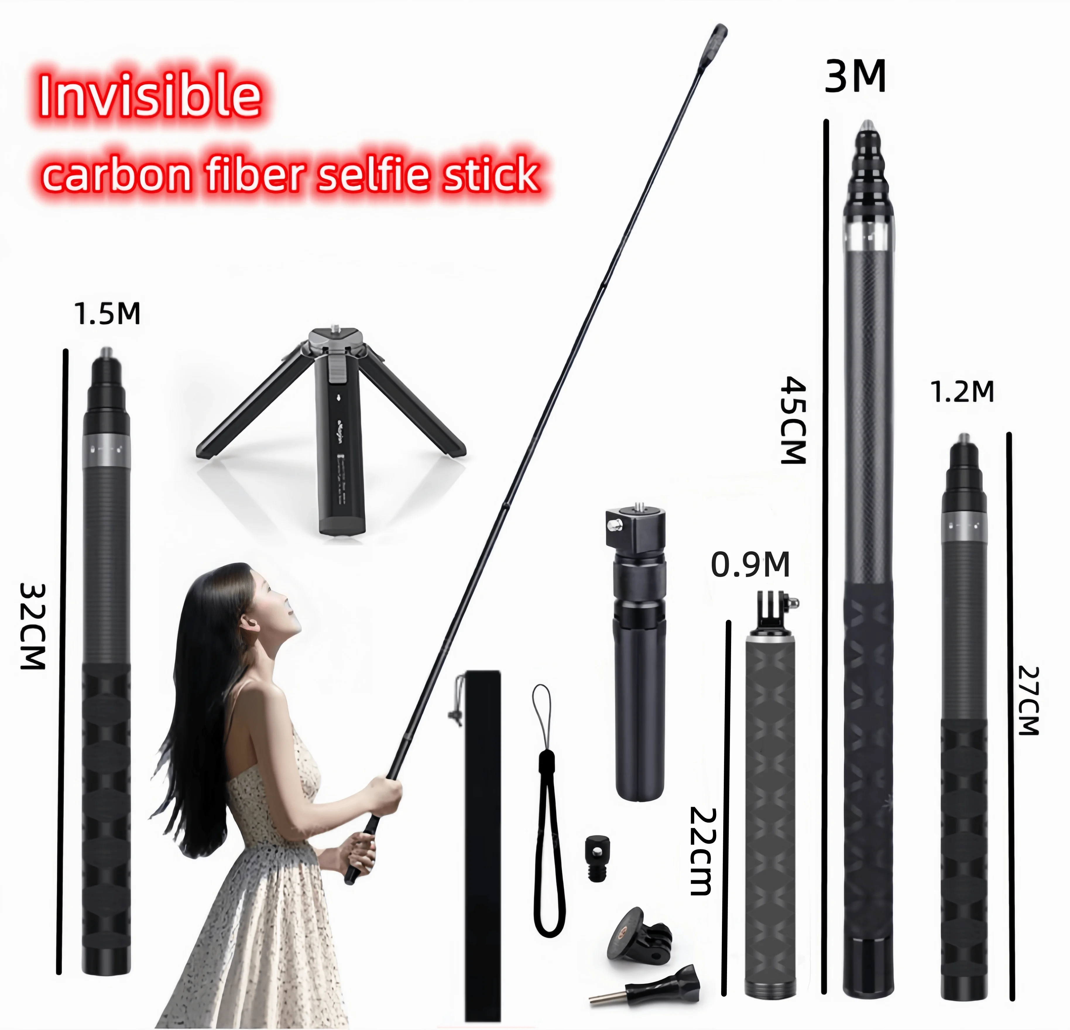 M/1,2M Unsichtbarer Selfie-Stick aus Kohlefaser, ausziehbares Einbeinstativ, 120 cm lange Stange für DJI Osmo 360/Nano/Action 6 5 4 3/Insta360 Image