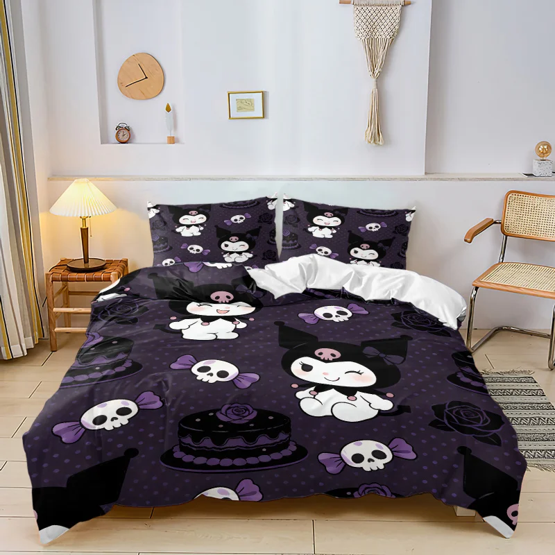 2/3PCS Stylish Kuromi Duvet Cover Set With 1/2 Pillowcases Soft Cozy Cake Rose Print Bed Linen All Season Household Bedroom Dorm