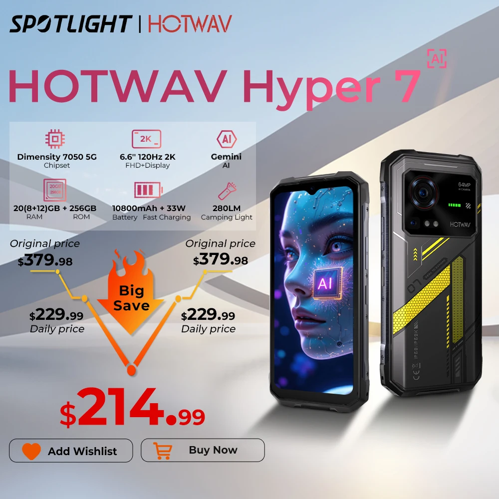 HOTWAV Hyper 7 Rugged Phone 5G 10800mAh 33W Smartphone 6.6'' FHD+ 2K Display 8GB 256GB Cellphone 280LM Android 14 Mobile Phone
