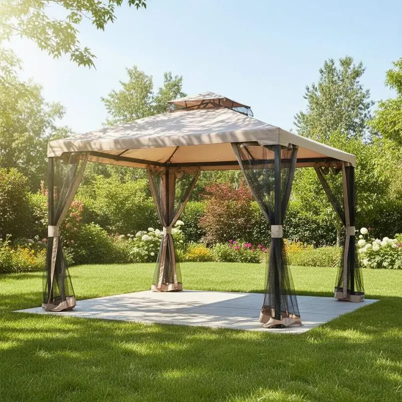 Gazebo à double toit, environ… 3x3 m, imperméable, robuste, résistant à l'hiver, gazebo de jardin avec moustiquaire et panneaux latéraux, gazebo de jardin en métal, pour jardin ou terrasse, gris