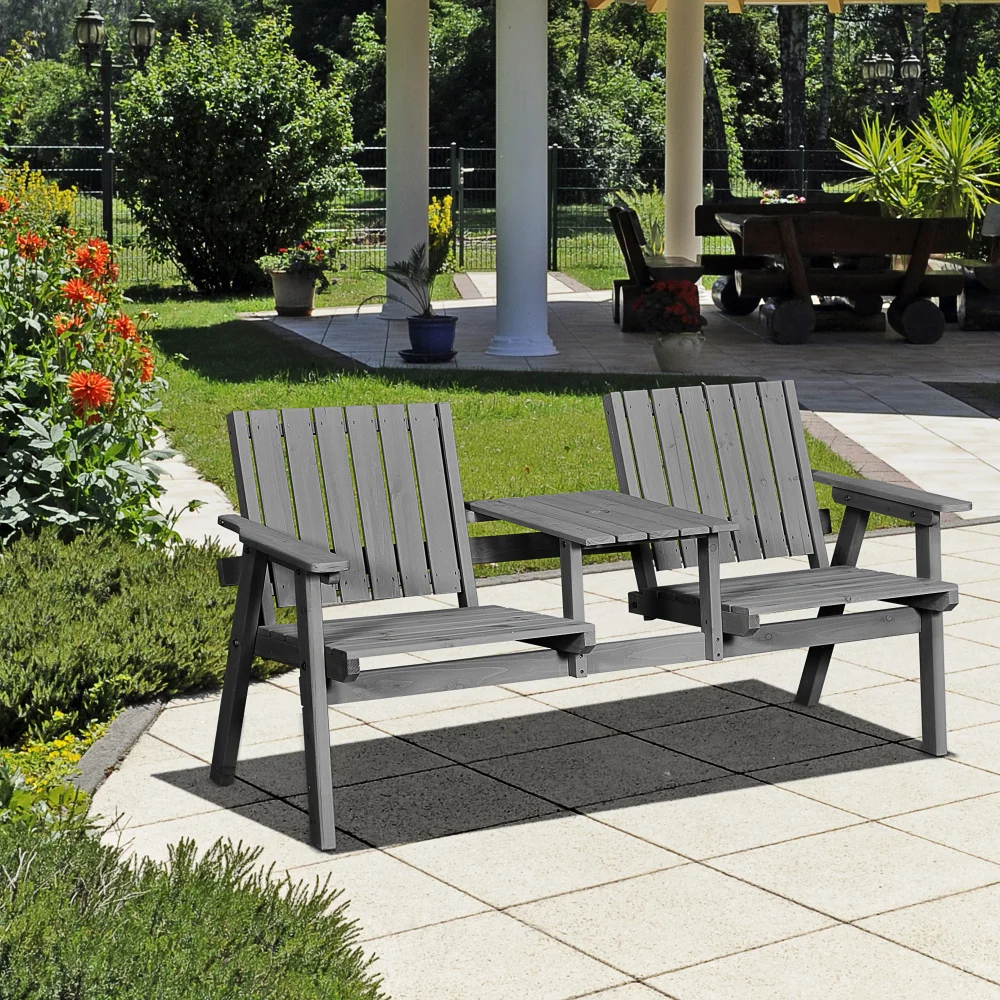 Banc de jardin avec table, ensemble de meubles de jardin avec trou pour parasol, 2 chaises en bois massif gris, 152 x 70 x 83 cm, pour terrasse et jardin