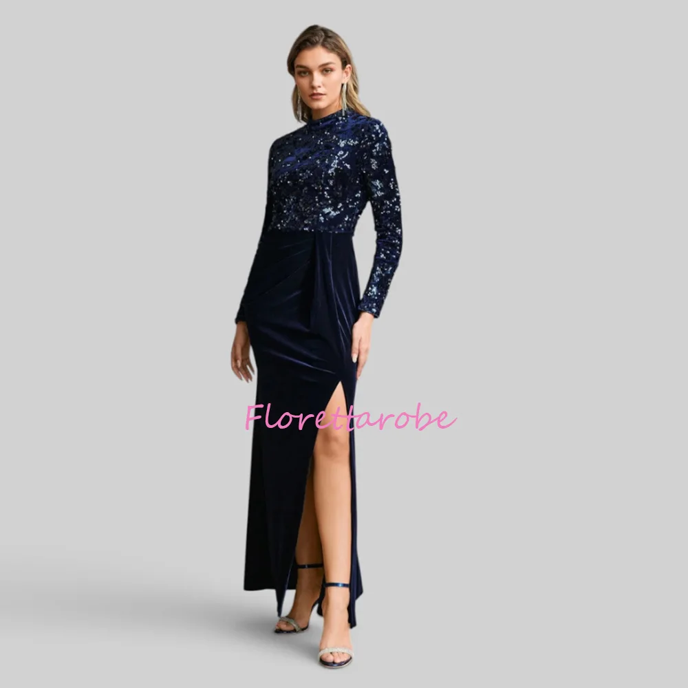 Blue Mother of the Bride Dresses High Collar Long Sleeves Crystal Sequins Split Velour Wedding Guest Dress Customized