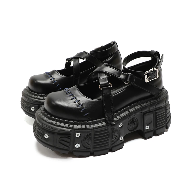 Punk Stil Flache Plattform Schuhe Niet Schnalle Mary Janes Kreuz Gürtel Schwarz Leder Dicken Boden Schuhe Frauen Sandalen Sommer