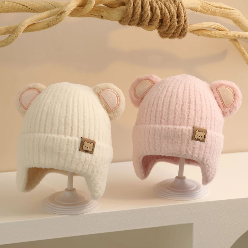Nette Bär Baby Ohrenschützer Kappe Winter Warme Kinder Plüsch Pullover Hut 6-36Month Kleinkind Mützen Verdicken Samt Kinder häkeln Motorhaube Image