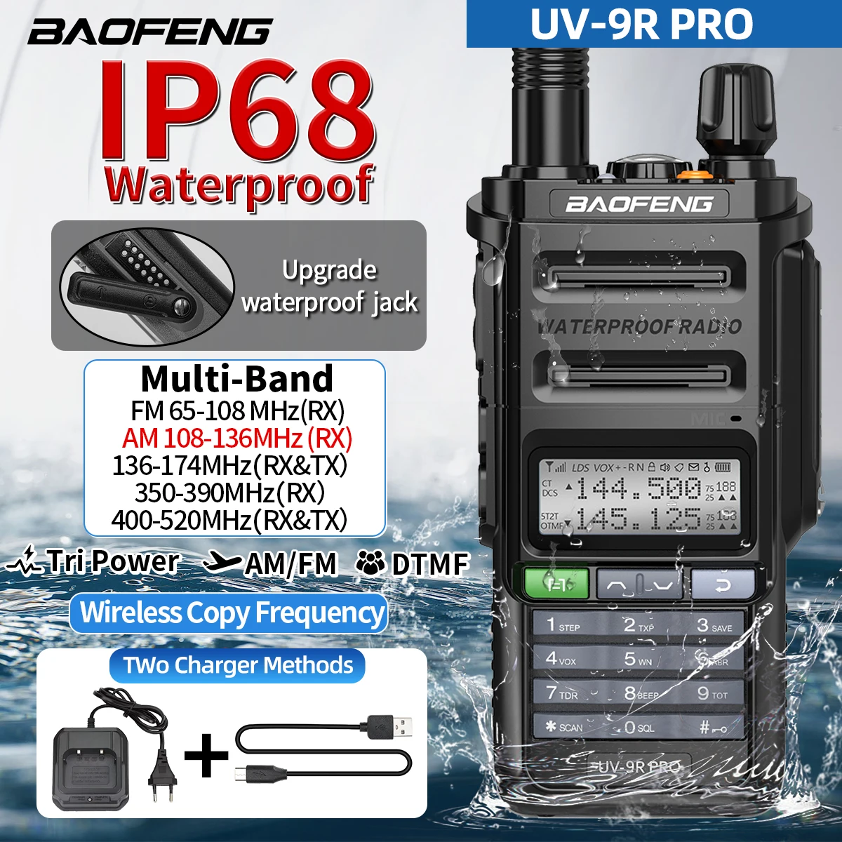Baofeng UV-9R PRO Air Band Walkie Talkie IP68 Wasserdicht Multi Band Wireless Kopierfrequenz AM FM DTMF Long Range Two Way Radio Image