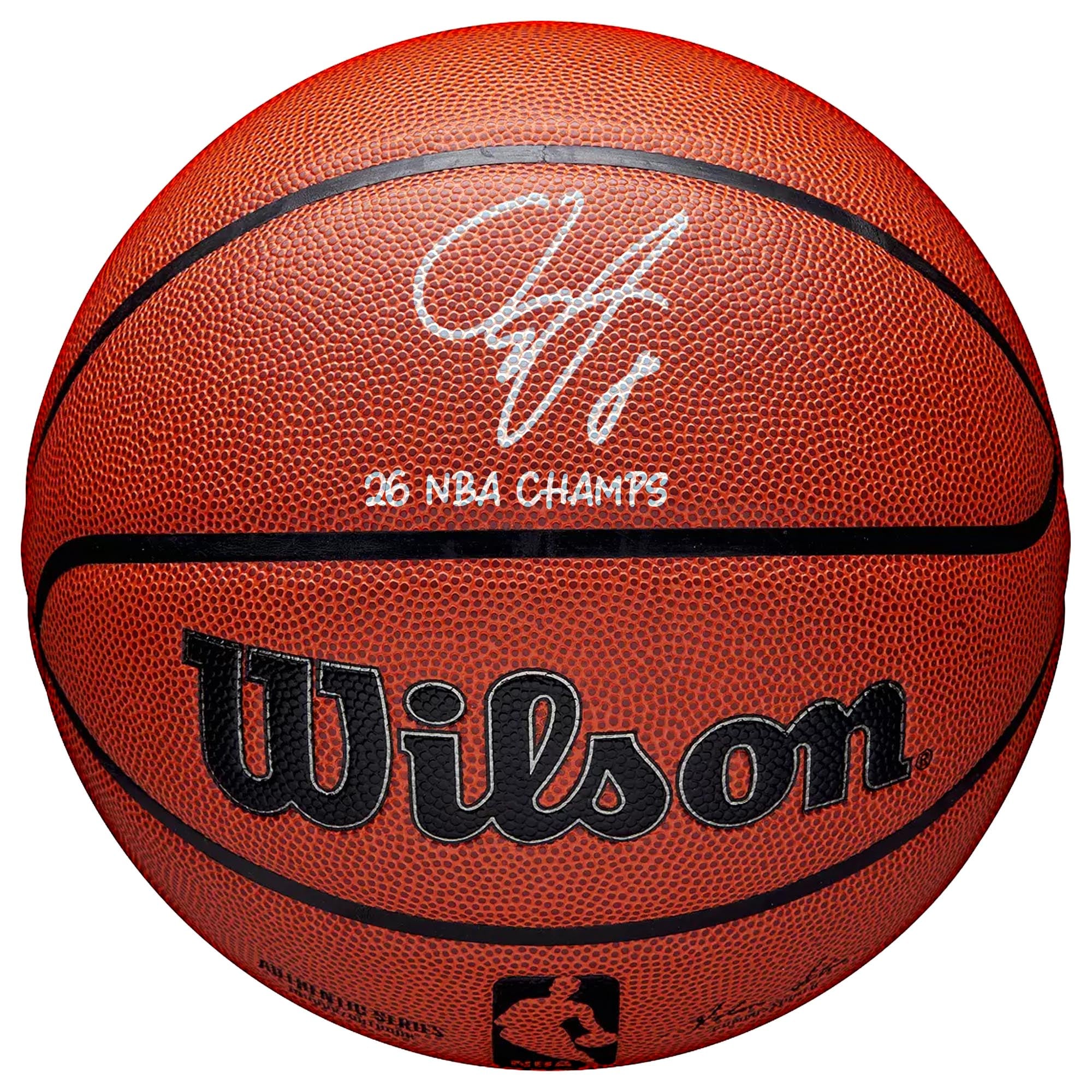 Ballon de basket-ball Wilson Authentic Series, édition intérieure/extérieure, signé par OG Anunoby, des New York Knicks, champions des finales NBA 2026, avec inscription « 26 NBA Champs ».