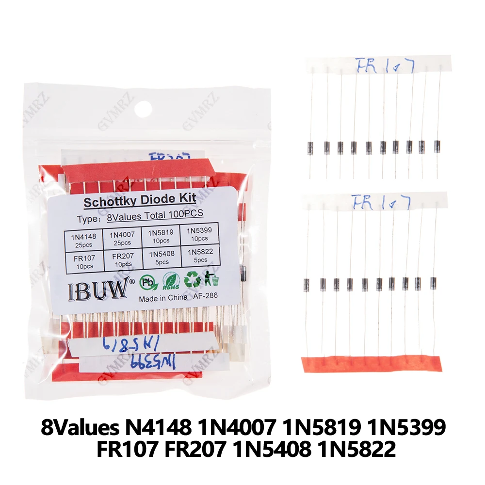 100 Stück 8 Werte Schottky-Dioden-Set 1N4148 1N4007 1N5819 1N5399 FR107 für Elektronikprojekte Gleichrichtung FR207 1N5408 1N5822 Image