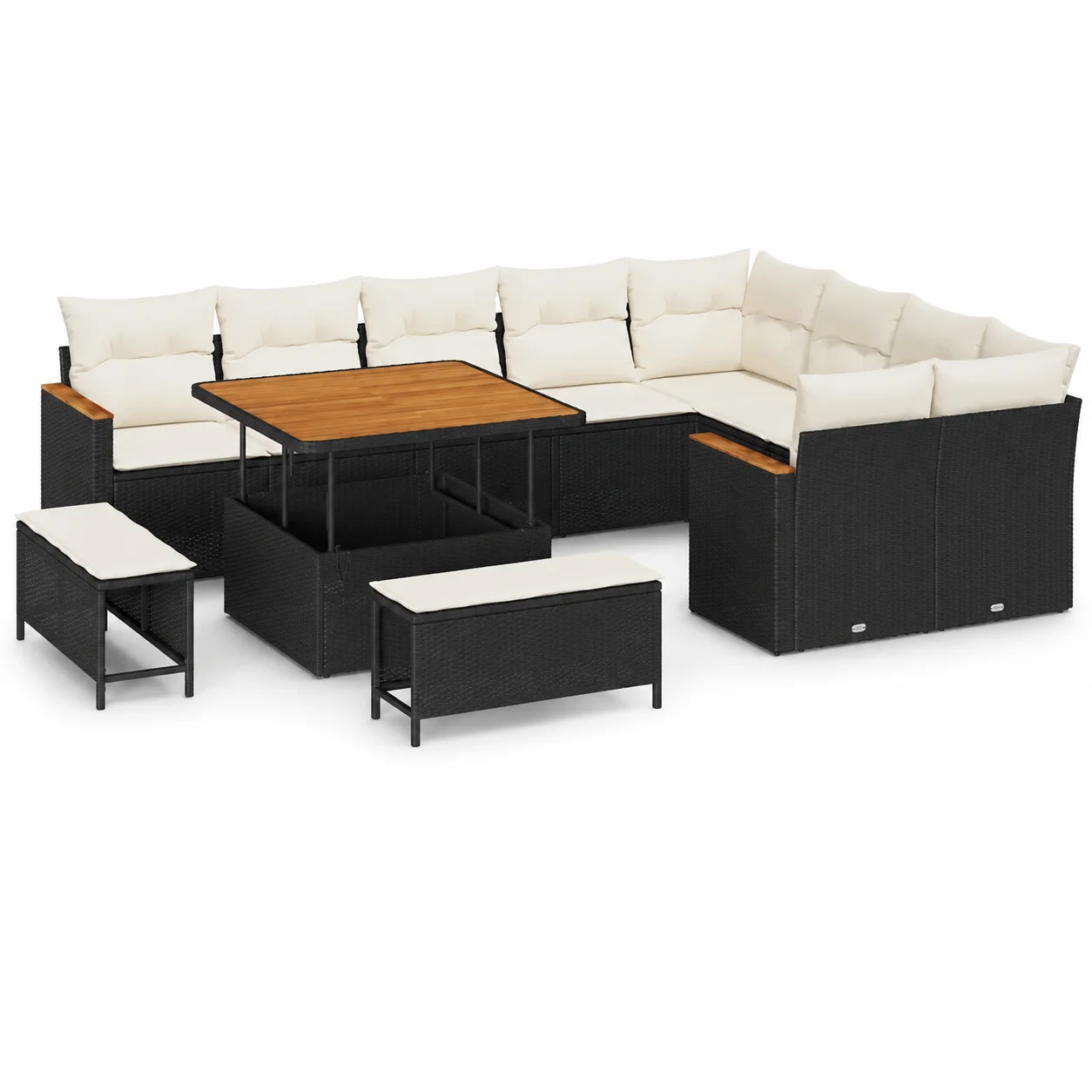12-teiliges Garten-Sofa-Set mit Kissen, schwarzes Polyrattan und Akazienholz, Outdoor-Rattan-Sofa-Set für Terrasse, Balkon, Patio, für 5 Personen, 110 kg Tragkraft
