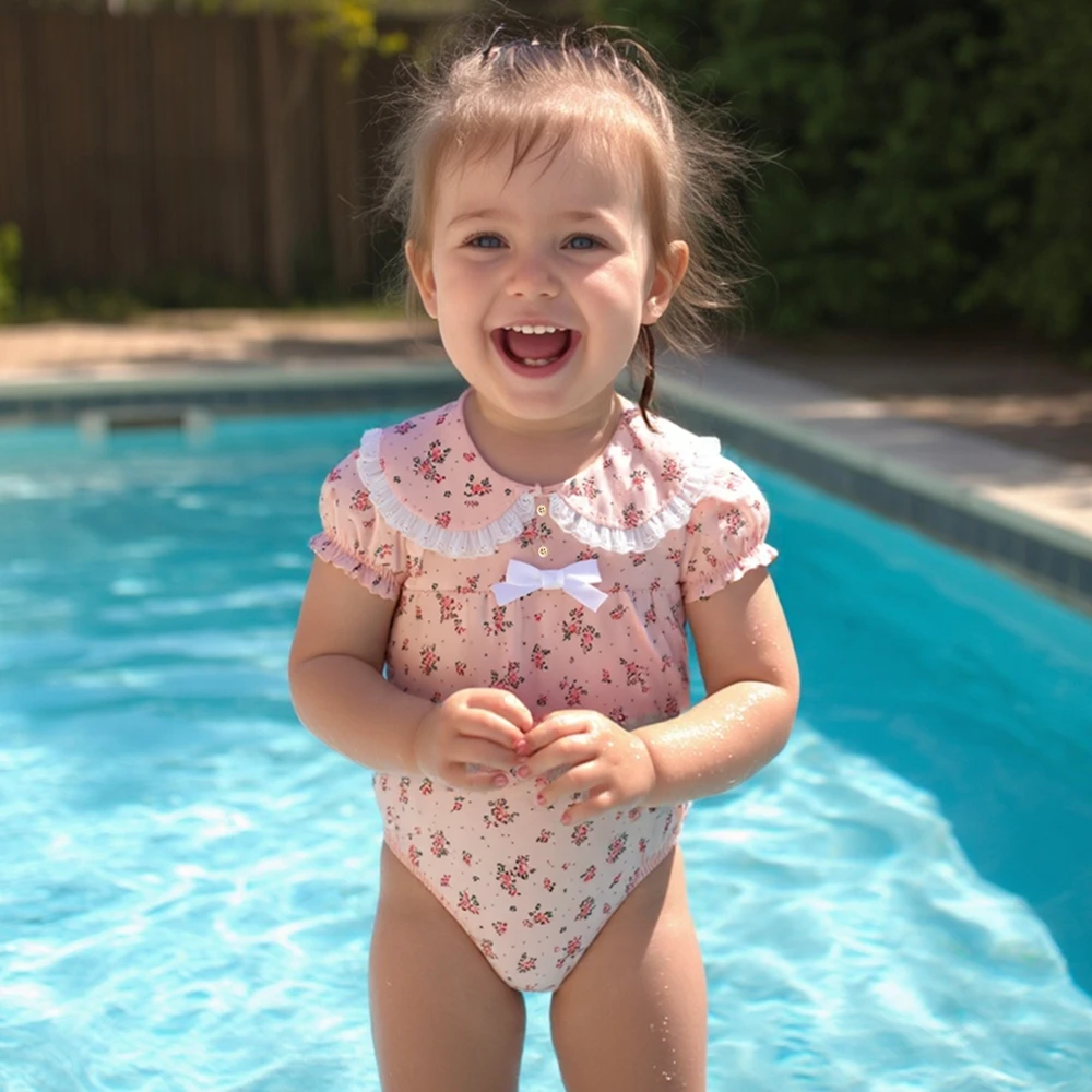 Blumige Sommer-Babykleidung für Mädchen, Spitzenkleidung für Kleinkinder, Kurzarm-Prinzessinnen-Bodys Image