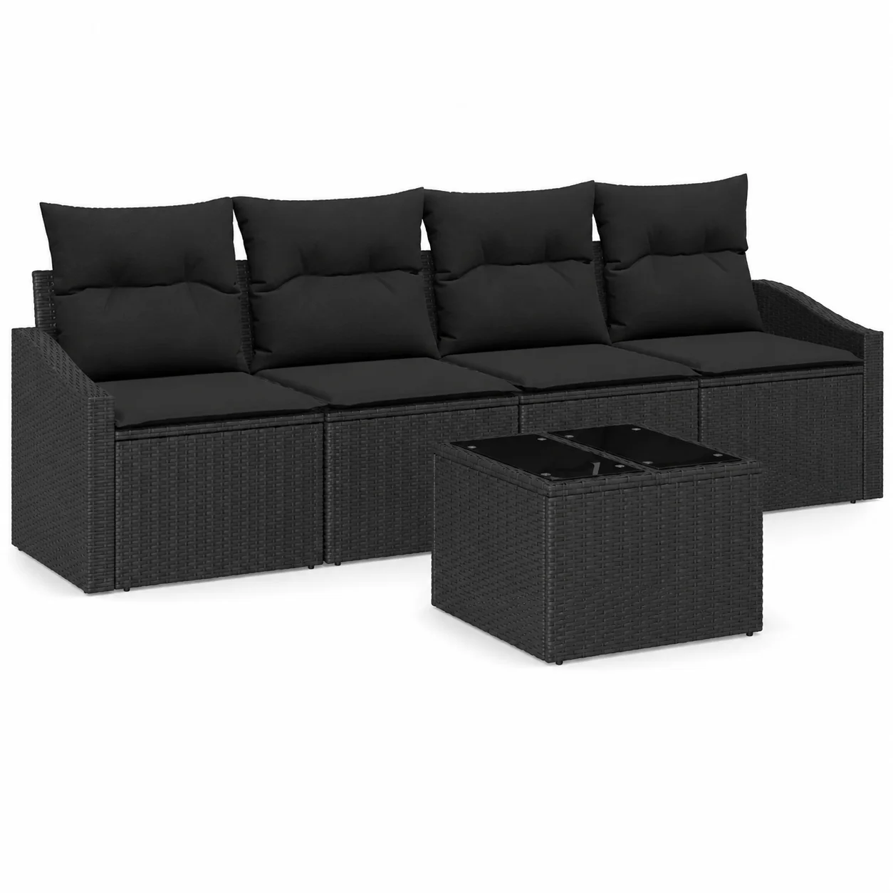 5-teiliges Garten-Essgruppen-Set mit Kissen, schwarzes Polyrattan-Gartenmöbel-Set, Terrassen-Esstisch-Set mit 4-Sitzer-Modulsofa, wetterbeständig für Garten, Terrasse, Veranda