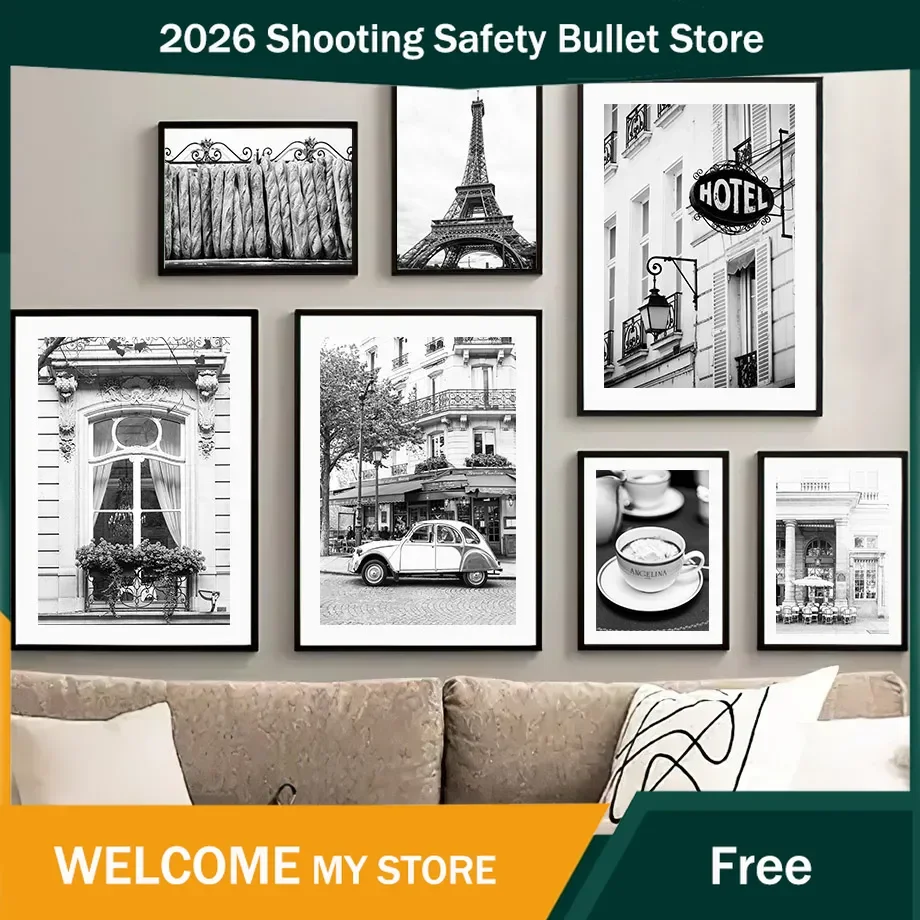 Leinwandgemälde Schwarz-Weiß Paris Café-Poster Vintage-Auto-Drucke Nordische Wandkunst Bilder Wohnzimmer Heimdekoration