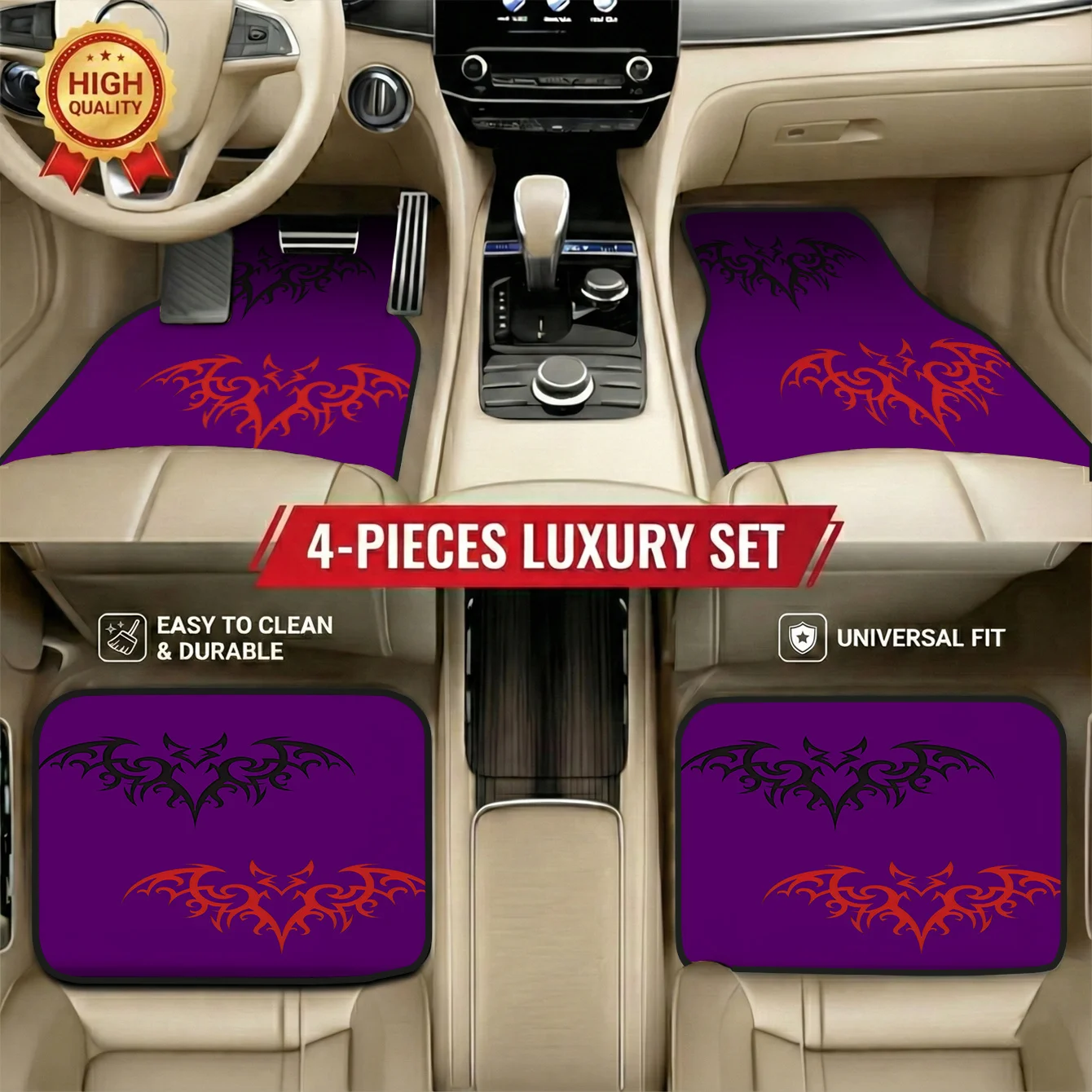 Ensemble de 4 tapis de voiture avec motif chauve-souris, parfaits pour les voitures à hayon et les break, faciles d