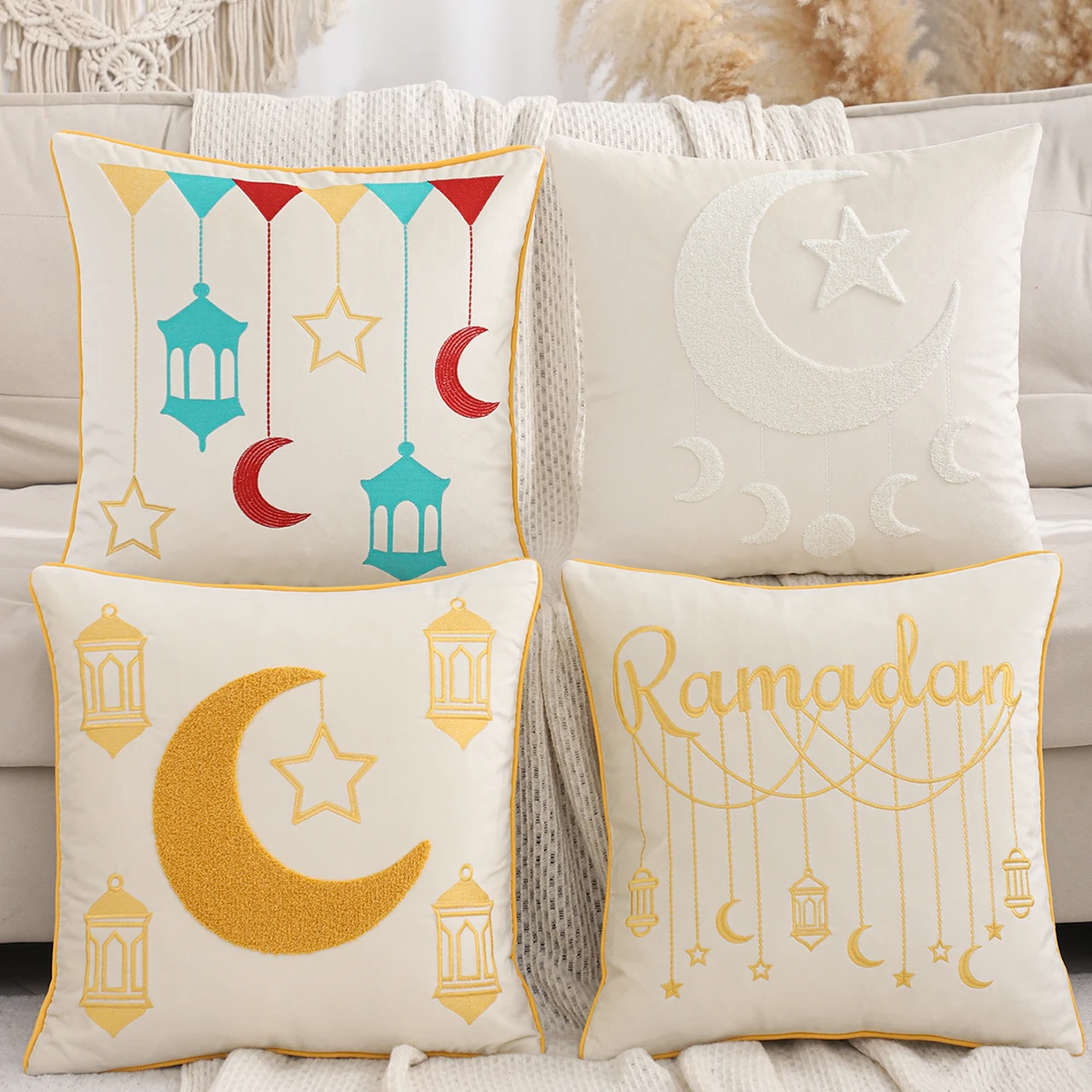 1PC Ramadan dekorative Kissenbezug Stickerei samt Halbmond Sterne islamische muslimische Geschenk Eid Wohnzimmer Sofa Image