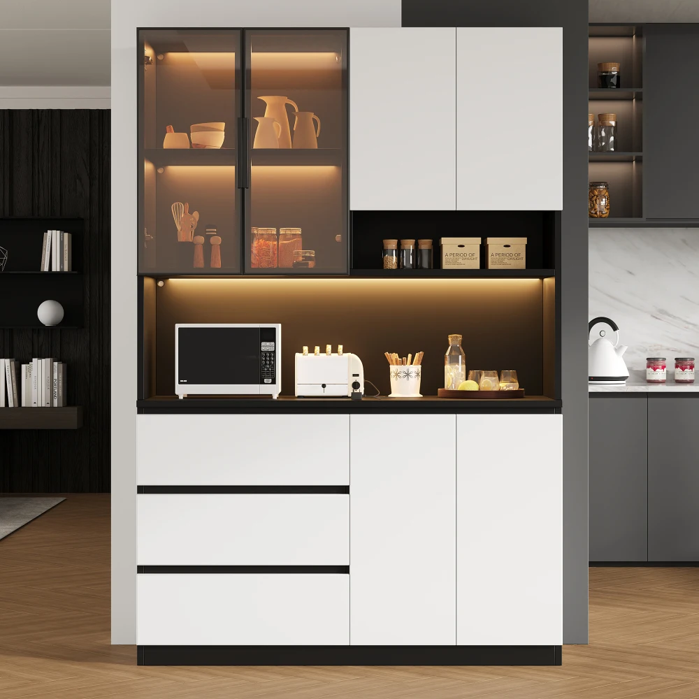 120,5×40×180cm Moderner Küchenschrank mit LED-Beleuchtung, Multifunktionaler Freistehender Vorratsschrank mit 3 Schubladen, 6 Schranktüren & Verstellbaren Aufbewahrungsregalen, Großes Sideboard für Image