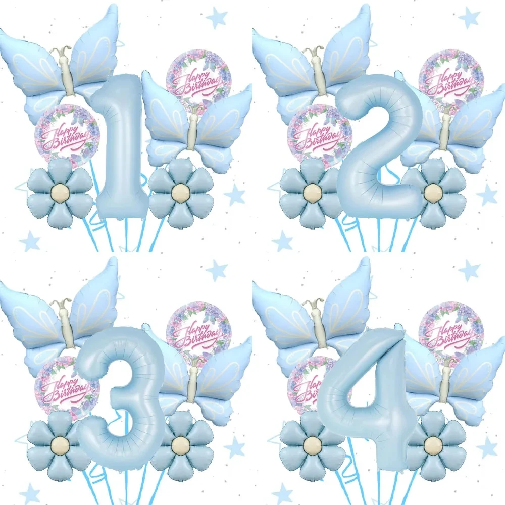 7-teiliges Set mit blauen Schmetterlings-Gänseblümchen-Digitalballons, 40 Zoll, Babyblau, für Geburtstage, Coming-of-Age-Zeremonien, Jubiläen, Hochzeiten Image
