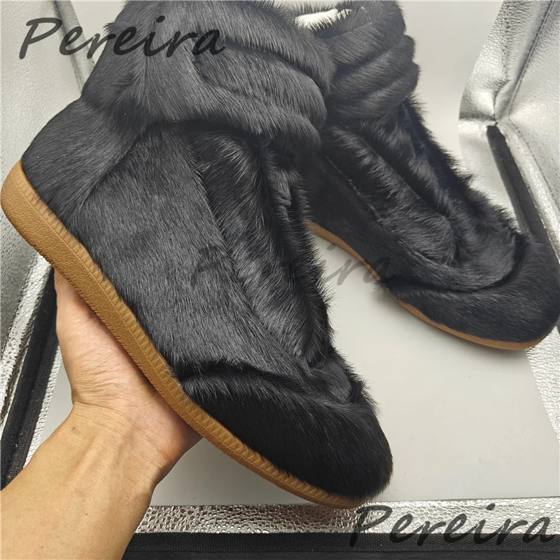 Pelz High Top Sneakers Herren Echtes Leder Schnürstiefeletten Wohnungen Herbst Winter Outdoor Trendy Casual Sportschuhe Plus Größe