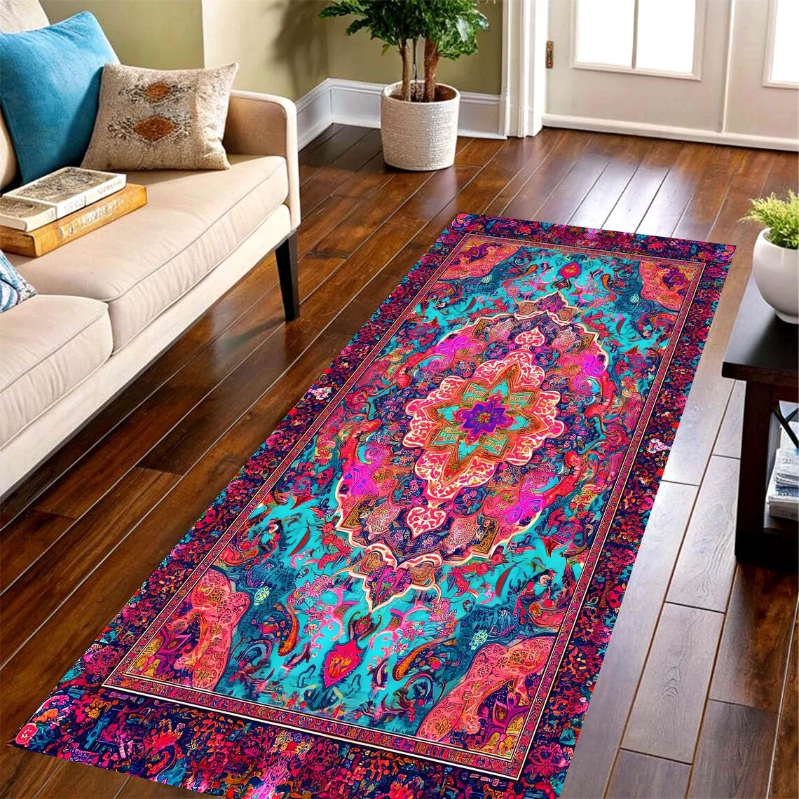 Boho Mandala Läufer-Teppich Rutschfest, Lebendiger Türkis-Magenta Medaillon Bodenmatte Waschbar, Exotischer Dekorativer Teppich für Flur-Dekoration Image
